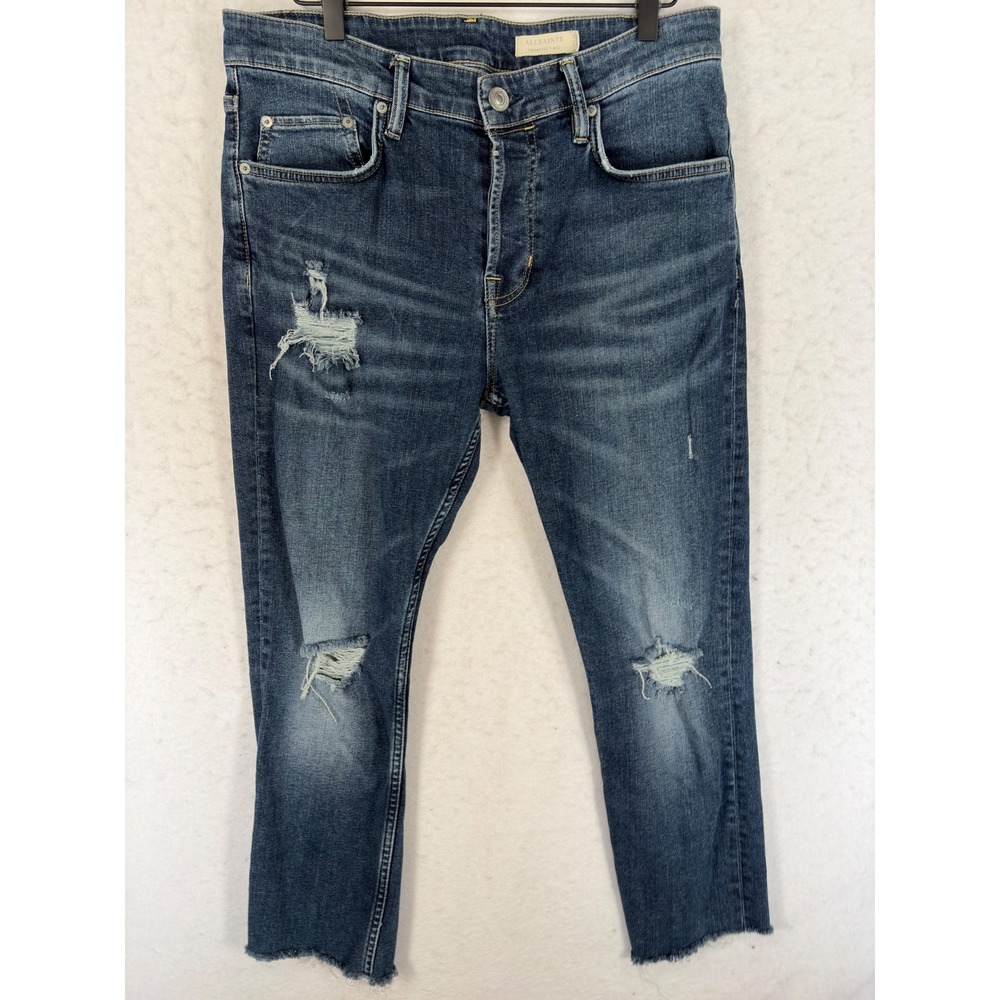 AllSaints Cigarette Distressed Slim Fit Jeans Blue Denim W32 Raw Hem Mens